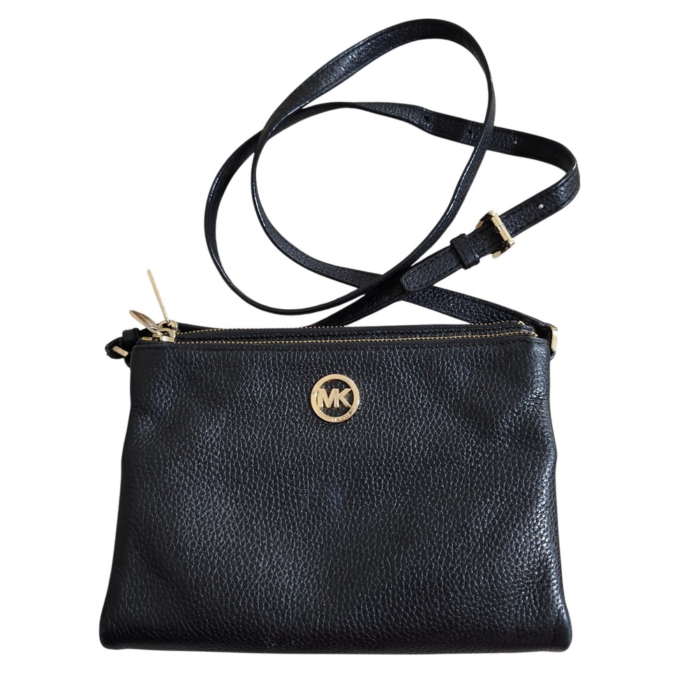 MICHAEL Michael Kors Double Zip Crossbody Bag Black Pebbled Leather Gold